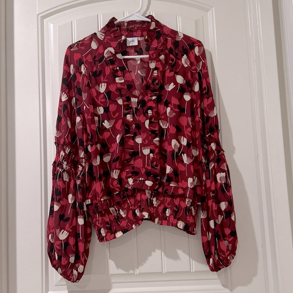 NWOT CABI Corsage floral Blouse Size M Bishop Sleeves Ruffle Smocked V-Neck Top - Picture 8 of 8